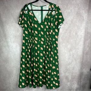 Unique Vintage Fan Print Fit Flare Dress In Hunter Green Women's Size 1X